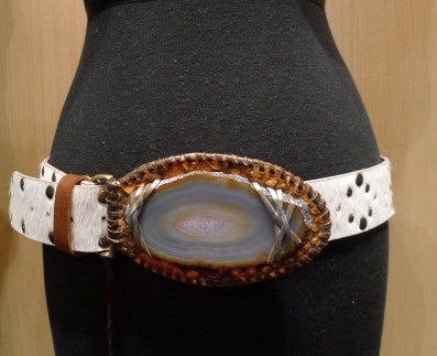 Malini Murjani White Cowhide Studded Belt with Agate Slice Buckle