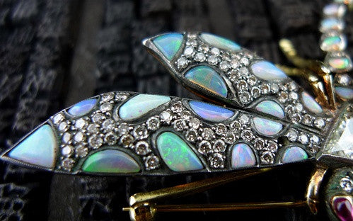 Art Nouveau Opal and Diamond Dragonfly Brooch in 18K Yellow Gold and Silver