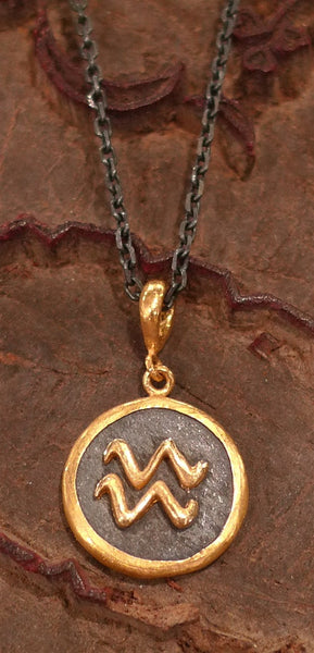 Yossi Harari 24K Yellow Gold and Oxidized Gilver Astrological Sign Pendant, Aquarius