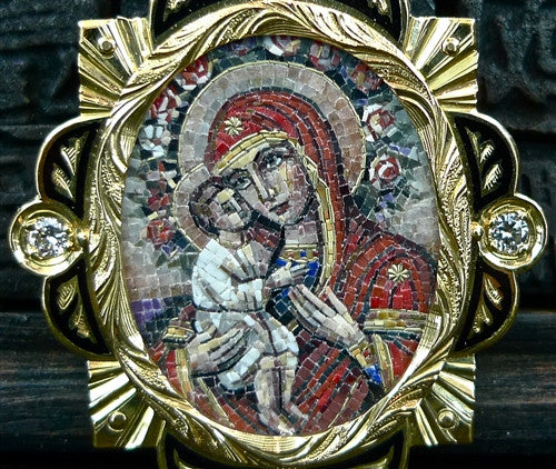 Russian MicroMosaic Madonna & Child Pendant in 18K Yellow Gold and Diamonds