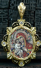 Russian MicroMosaic Madonna & Child Pendant in 18K Yellow Gold and Diamonds