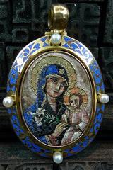 Russian MicroMosaic of Madonna and Child in 18K Yellow Gold with Pearl Pendant
