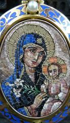 Russian MicroMosaic of Madonna and Child in 18K Yellow Gold with Pearl Pendant