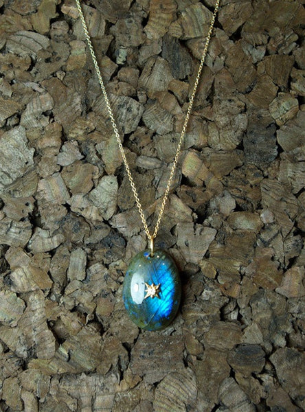 Emily and Ashley (Greenbeads) Labradorite Pendant Necklace with Diamond Accent in 14K Yellow Gold