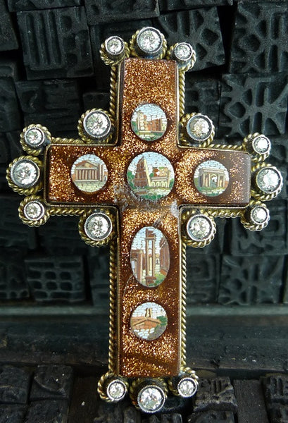 Venetian Micromosaic Cross in 18K Yellow Gold and Diamonds