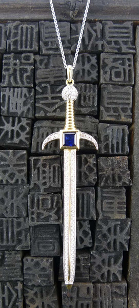 Atelier Minyon 18K Yellow Gold, Diamond, Sapphire Sword Pendant on Necklace