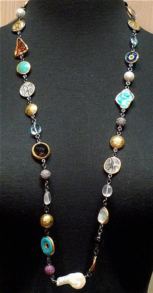 ARA 24K Collection Large Gypsy Multistone Necklace in Pure Gold and Oxidized Silver