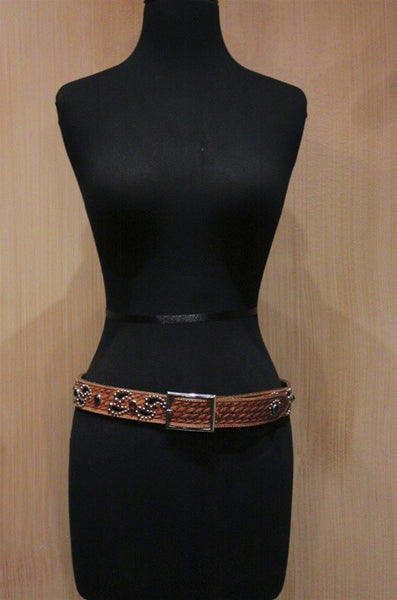 B-Low the Belt Western Basketweave Tooled and Studded Western Belt with Multi Colored Crystals
