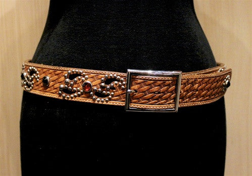 B-Low the Belt Western Basketweave Tooled and Studded Western Belt with Multi Colored Crystals