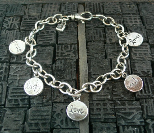 Kamofie Sterling Silver Link Bracelet with Small Love Charms and Peace Dove