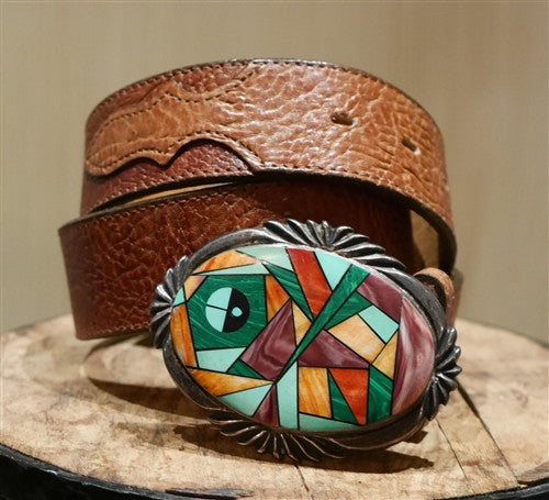 Navajo Native Stone Inlaid Sterling Silver Buckle and Belt