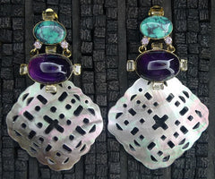 Iradj Moini Earclips of Amethyst, Citrine, Turquoise, and Abalone