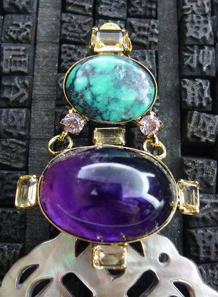 Iradj Moini Earclips of Amethyst, Citrine, Turquoise, and Abalone