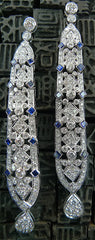 Estate Art Deco Era 18K White Gold, Diamond and Blue Sapphire Earrings
