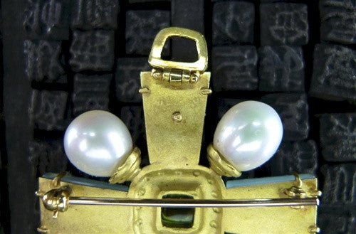 Mazza 18K Yellow Gold, Aquamarine, Peridot, Pearl Brooch or Pendant