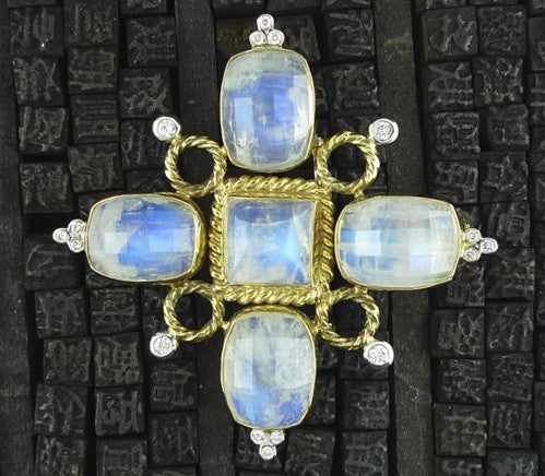 Mazza  14K Yellow Gold and Moonstone w Diamond Brooch/Pendant