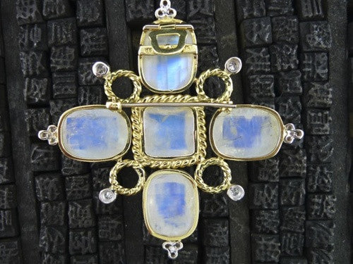 Mazza  14K Yellow Gold and Moonstone w Diamond Brooch/Pendant