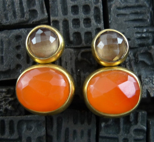 Steven Vaubel 18K Yellow Gold Vermeil Two Stone Earrings in Carnelian and Smoky Quartz