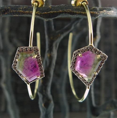 Jemma Wynne 18K Geometric Bicolor Tourmaline and Diamond Pave Hoops