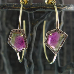 Jemma Wynne 18K Geometric Bicolor Tourmaline and Diamond Pave Hoops