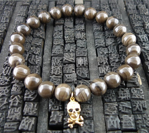 Sydney Evan Diamond Skull Charm Stretch Bracelet of Brown Jasper in 14K Yellow Gold