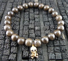 Sydney Evan Diamond Skull Charm Stretch Bracelet of Brown Jasper in 14K Yellow Gold