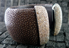 Royal Imports Chocolate Brown Shagreen Cuff Bracelet with Pave CZ Crystals set in 18K Yellow Gold Vermeil