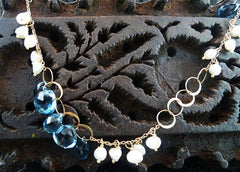 Melissa Joy Manning 18K Yellow Gold Open Link Necklace with Blue Topaz Briolettes, and Pearls