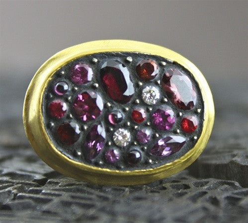 Yossi Harari Red Sara Ring 24 K Yellow Gold, Blackened Silver, Pink Sapphires, Rubies