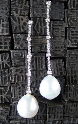 South Sea Pearl and Diamond Drop Earrings in 18K White Gold