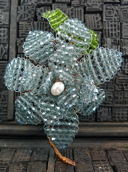 Mindy Lam Blue Swarovski Crystal and Pearl Flower Brooch