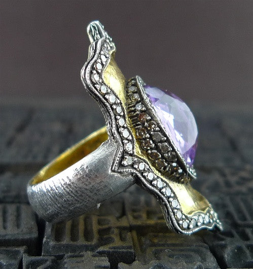 Sevan Bicakci  Carved Theodora Ring in 24K Yellow Gold, Silver, Amethyst, and Diamonds