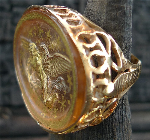 Antique Venetian Glass Intaglio Ring of a Winged Angel