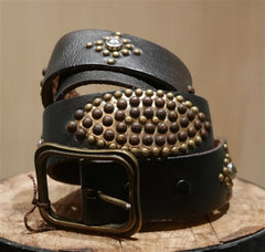 B-Low The Belt Gold Metallic Studded Black Leather Belt
