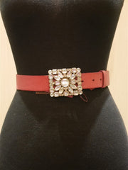 Linea Pelle Pink Leather Belt with Jeweled Buckle