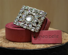 Linea Pelle Pink Leather Belt with Jeweled Buckle