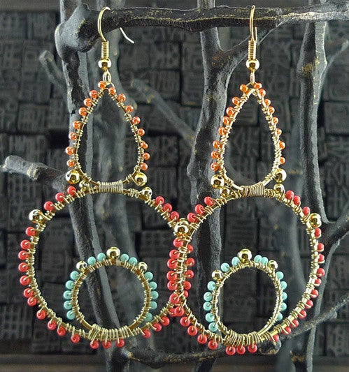Fulham Multi Peach, Coral & Turquoise Bead Wrapped Chandelier Earring
