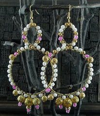 Fulham Pink, White, and Gold Tone Bead Wrapped Chandelier Earrings