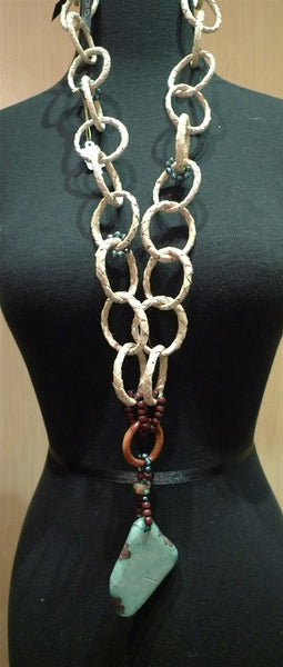 Chick Studios Straw, Wood, Woven Grass, and Turquoise Necklace