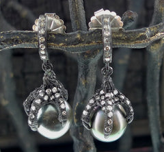 Irit Design Oxidized Sterling Silver and Diamond Claw Earrings with Tahitian Pearls