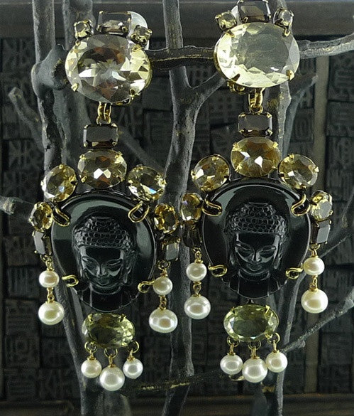 Iradj Moini Buddha Cameo Earclips/Earrings of Black Obsidian, Citrine & Pearl
