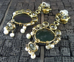 Iradj Moini Buddha Cameo Earclips/Earrings of Black Obsidian, Citrine & Pearl