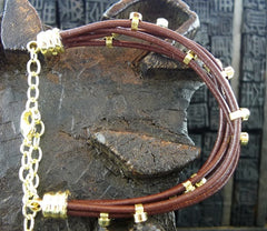 Marcia Moran Five Strand Leather Cord Bracelet Studded with CZs in Gold Finish