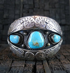 Sterling Silver and Turquoise Shadow Box Cuff Bracelet, Signed