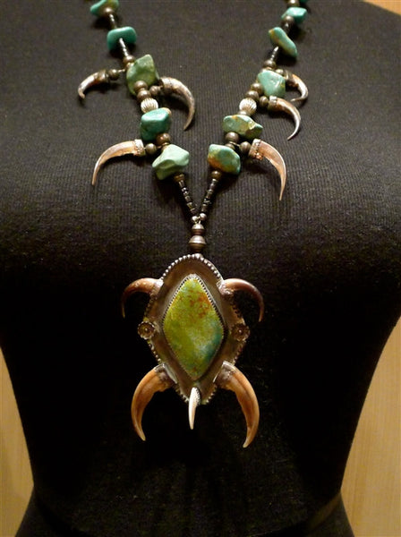 Rare Native American Necklace of Turquoise, Claws and Talons in Sterling Silver