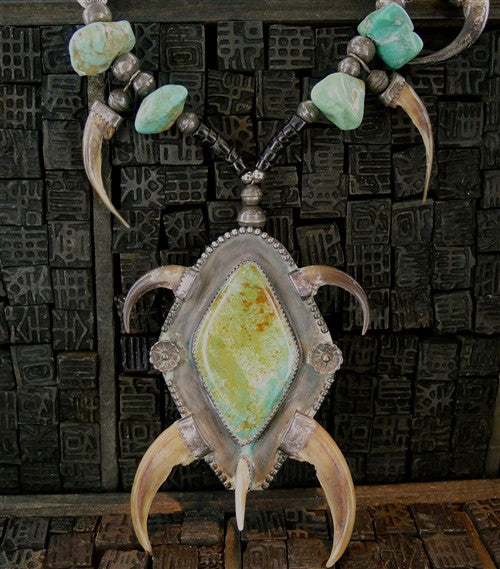 Rare Native American Necklace of Turquoise, Claws and Talons in Sterling Silver