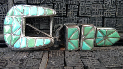 Old Indian Pawn Sampler Ranger Set Belt Buckle with Inlaid Turquoise
