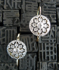 Estate 18K White and Yellow Gold Lacy Round Diamond Flower Earrings