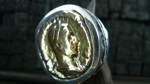 Dian Malouf Sterling Silver and 14K Gold Roman Coin Ring