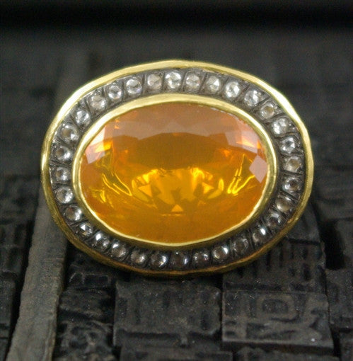 ARA 24K Collection Large Oval  Mexican Fire Opal and Diamond Ring in 24K Gold